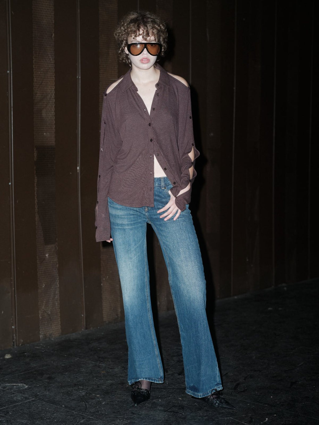 SLEEK VENTURA top in brown by Xenia Joost, full-length styled view