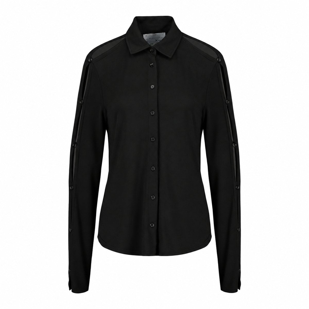 SLEEK VENTURA top in fluid black by Xenia Joost, front product view 