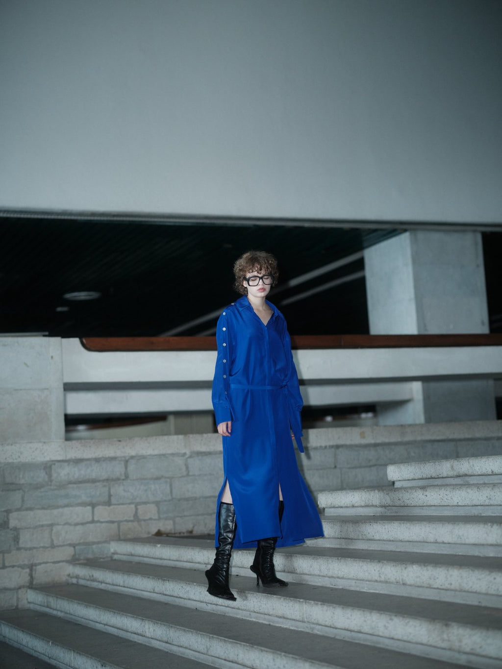 THE STATEMENT DRESS — Sleeve It Up 002 in vivid blue, side view with buttoned sleeve