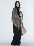 TWO SIDED grey and beige wool and silk scarf by Xenia Joost, worn over a black outfit