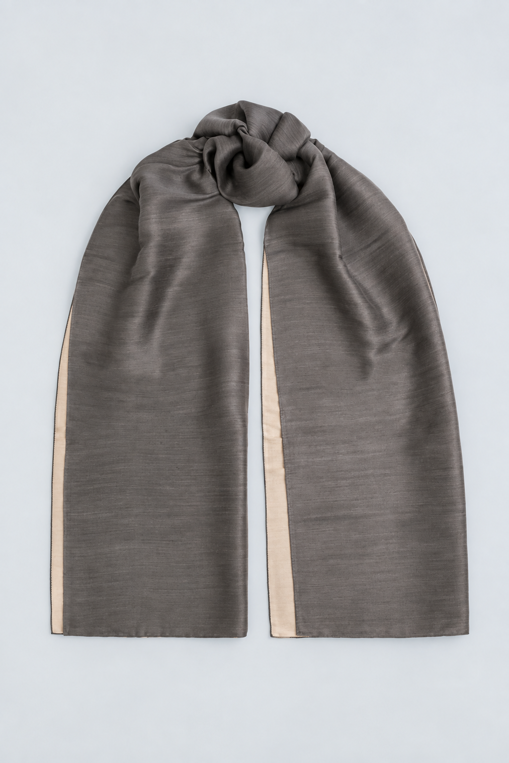 TWO SIDED grey and beige wool and silk scarf by Xenia Joost, full product view