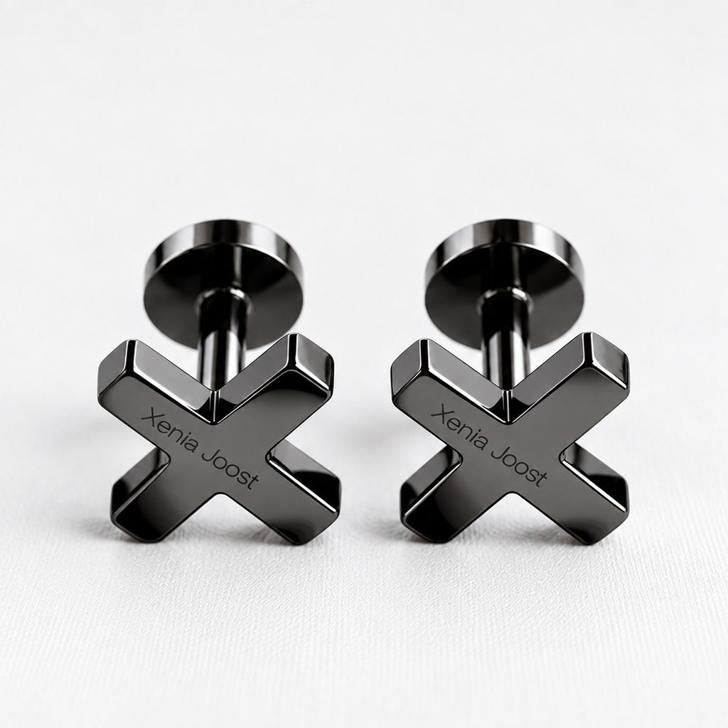 X cufflinks in high-gloss graphite finish by Xenia Joost, front view