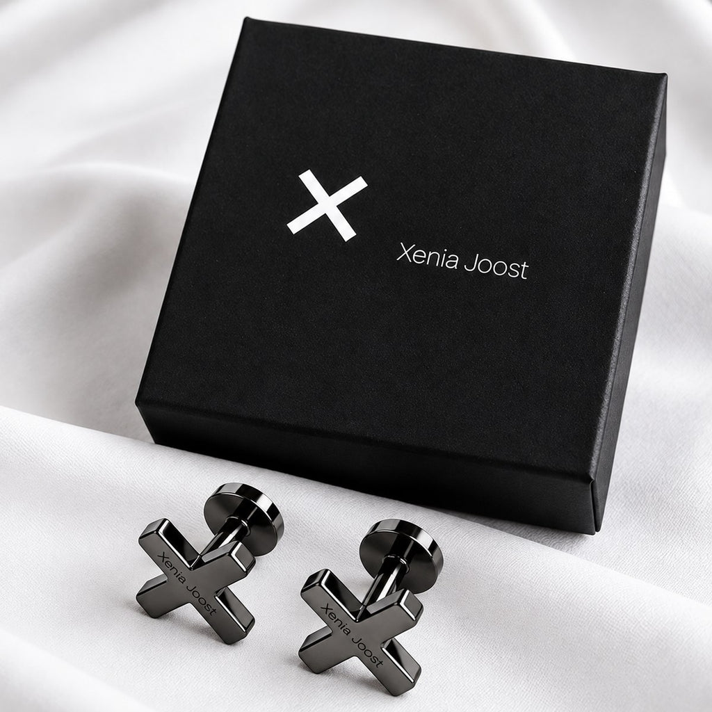 X cufflinks in high-gloss graphite finish by Xenia Joost with presentation box