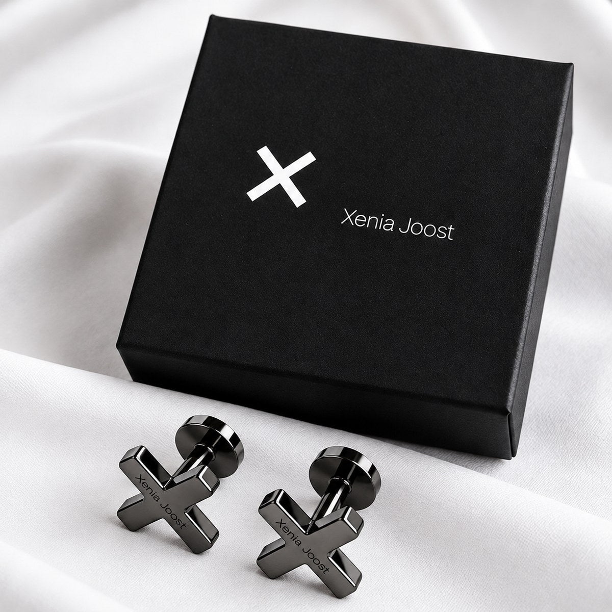 X cufflinks in high-gloss graphite finish by Xenia Joost with presentation box