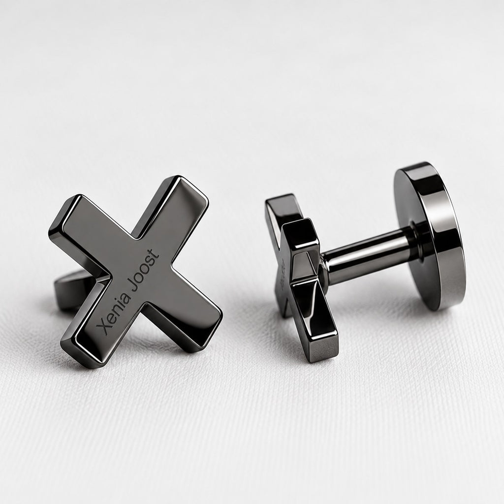 X cufflinks in high-gloss graphite finish by Xenia Joost, front and side view