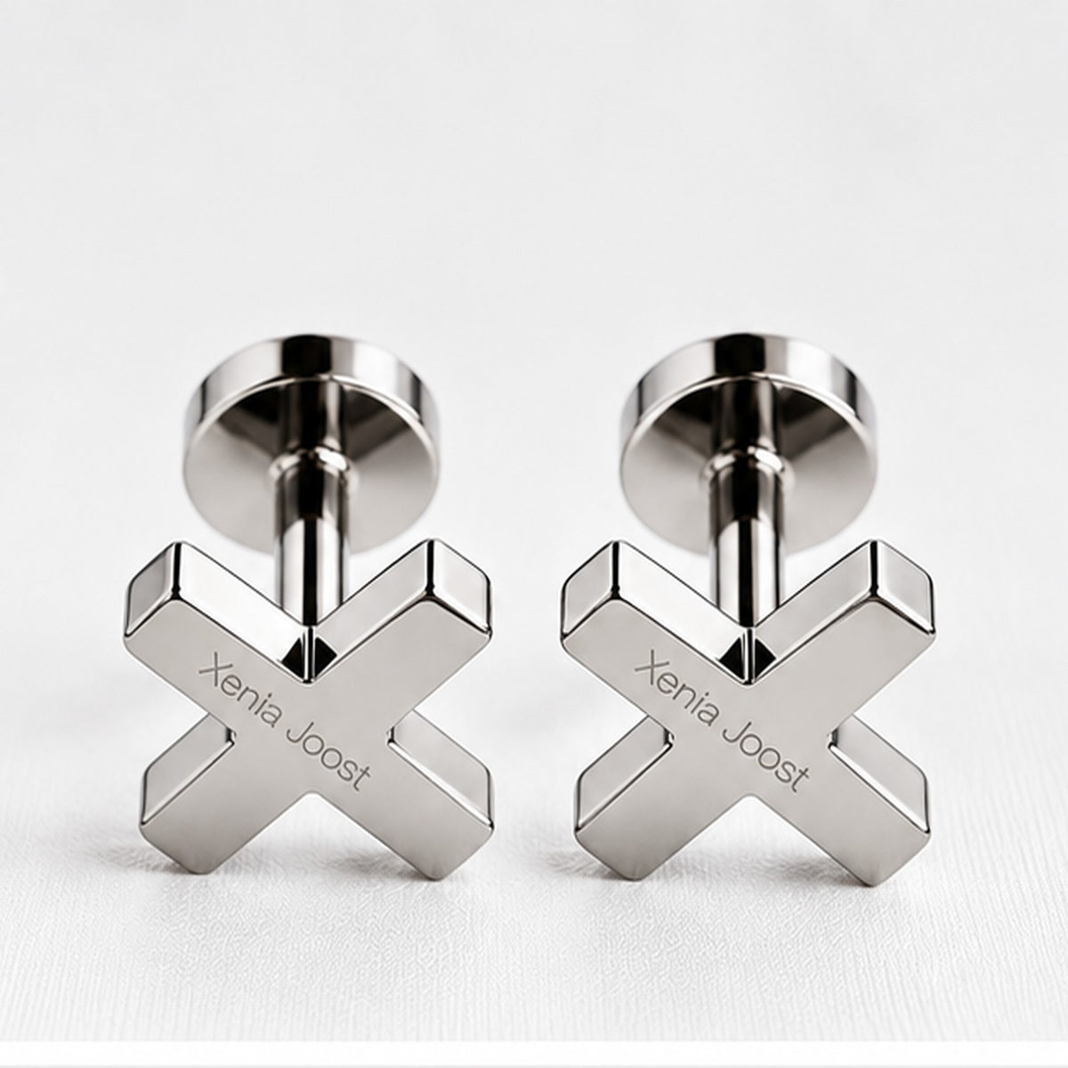 X cufflinks by Xenia Joost in polished silver finish, pair