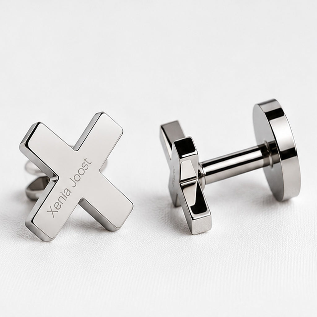 X cufflinks by Xenia Joost in polished silver finish, side  detail
