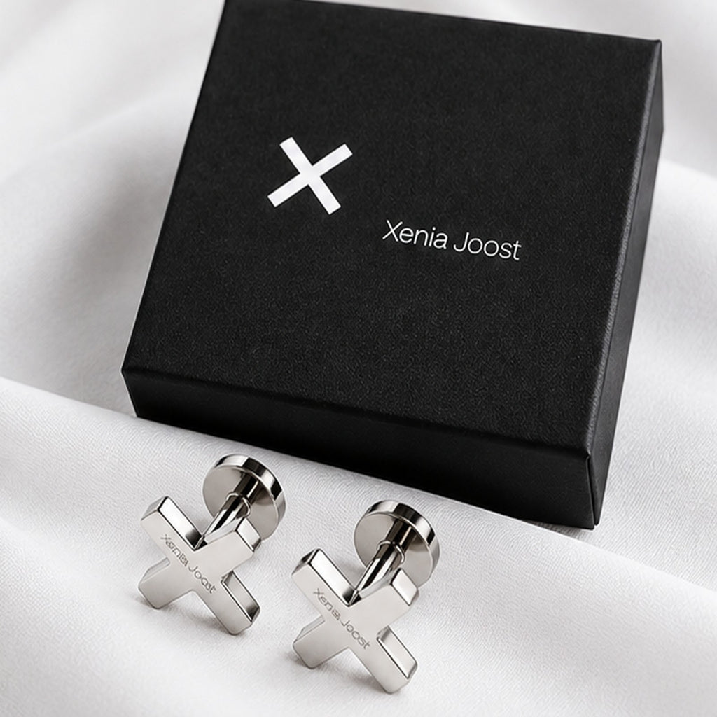 X cufflinks by Xenia Joost in polished silver finish with Xenia Joost presentation box